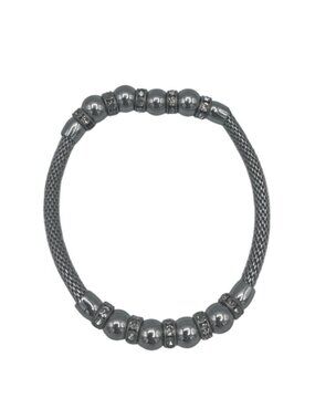 Mesh Beaded Stretch Bracelet Silver-Tone Rhinestones 7-Inch Round